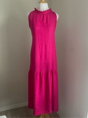 Piazza Del Tempio Italian Linen Sleeveless Fuchsia Ruffle Neck Maxi Dress